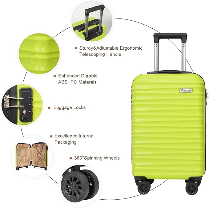 Luggage Set 3 Piece Luggage Set ABS hardshell Spinner Wheels Luggage Carry on Suitcase with Weekender bag & Toiletry bag（Lime）