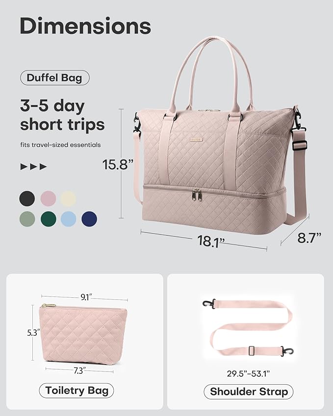 HOTOR Travel Duffel Bag - Weekender Bags for Women, Gym Tote Bags with Shoe Compartment, Carry On Overnight Bag with Toiletry Bag for Travel Essentials and Travel Accessories, Pink, 15.8"×18.1"×8.7"