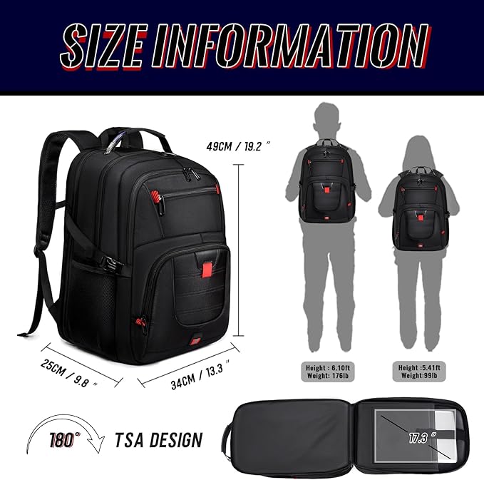 Large Travel Laptop Backpack for Men with LifetimeWarranty, Extra Large TSA Friendly Travel Backpacks for College High Airline Approved Business Work Bag Fits 17 Inch Computer, Black