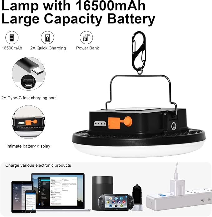16500mAh 60W Rechargeable Camping Light with Remote 3000LM 2700/4000/6500K LED Camping Lantern Portable IP65 Waterproof Tent Lights Power Failur