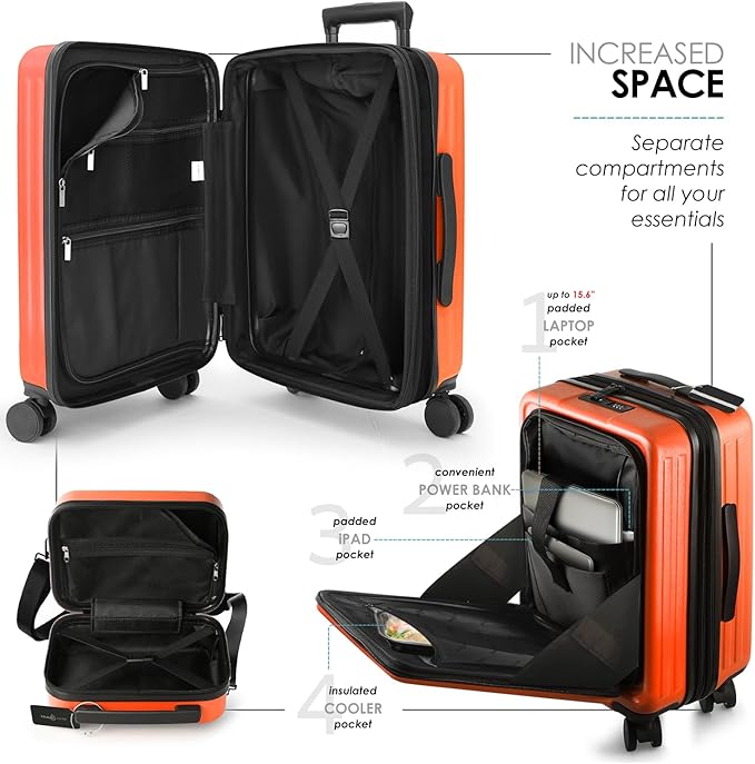 20 Inch Carry On Luggage 22x14x9 Airline Approved, Carry On Suitcase with Wheels, Hard-shell Carry-on Luggage, Durable Luggage Carry-On, Orange Small Suitcase with Cosmetic Bag