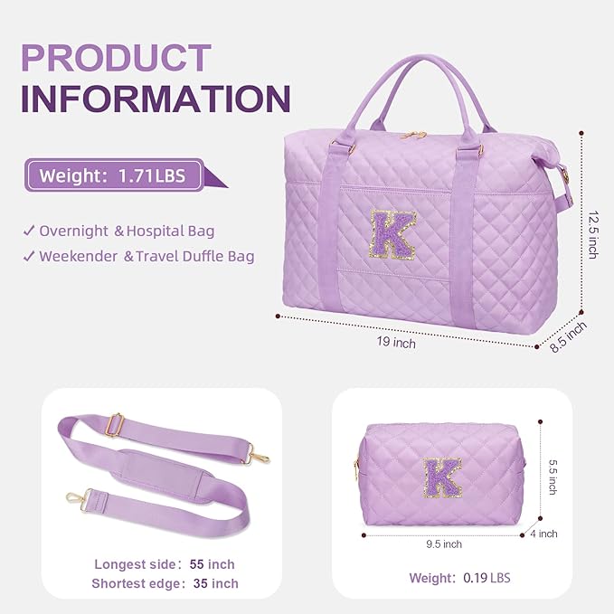 Gifts for Teen Girl, Initial Travel Duffle Bag, Personalized Women Weekender Overnight Bags, Gift for Daughter Kid Mom Friend College Girl Graduation Teacher（Purple,K)