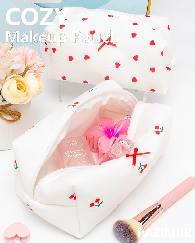 PAZIMIIK Cozy Makeup Bag Small Aesthetic Travel Zipper Cosmetic Pouch for Women Make Up Beauty Accessories Brushes,Cherry White