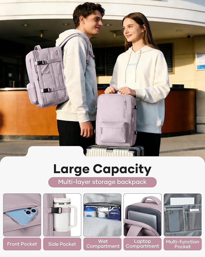 VECAVE Vacuum Backpack Travel with Pump, Expandable Personal Item Carry on Backpacks for Women Men, Laptop Waterproof Work Compression bags with USB Casual Daypack Pink