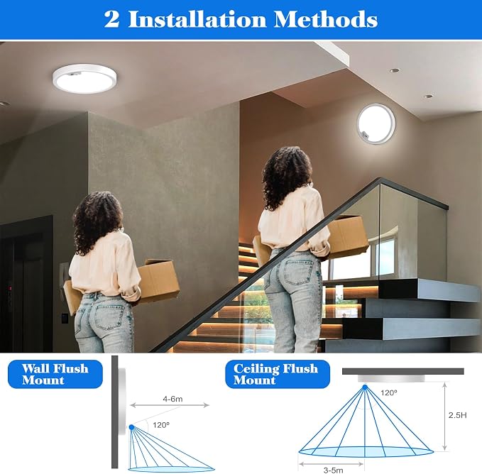 KEPLUG Motion Sensor Light Indoor Wired, Flush Mount Lighting Fixture | , Round LED Light Fixtures Ceiling Mount for Stair Porch Hallway Laundry Basements, 3000k/4000k/6000k Dimmable 2 Pack