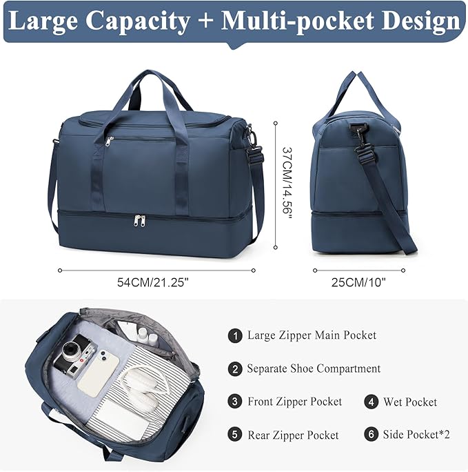 Extra Large Travel Duffle Bag,Carry on Overnight Weekend Bag with Shoes Compartment,Weekender Bags for Women for Travel Business Trips Sport Hospital,Dark Blue