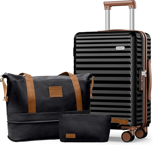 SHOWKOO Carry On Luggage Hardshell Lightweight Luggage Set, Suitcase with Double Spinner Wheels Tsa Lock White 3 piece set Black (DB/TB/20in)