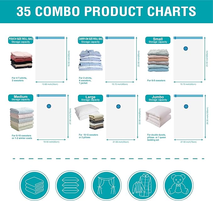 Cozy Essential Vacuum Storage Bags, 80% Compression Vacuum Seal Space Saver Plastic Packaging Bags for Clothes, Blankets, Pillow, Bedding, Comforters, Sealer Clothing Storage,35 Combo