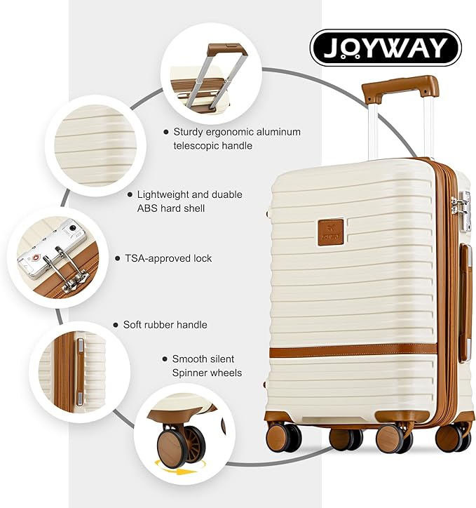 Joyway Carry On Luggage 20 Inch Expandable Suitcase with Spinner Wheel, 4 Piece Hard Shell Luggage Set with TSA Lock(White brown)