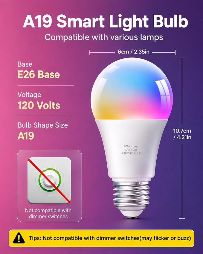 TJOY 10 Pack Smart Alexa Light Bulbs, RGB LED Bulbs Compatible with Alexa &Google Assistant | Color Changing Light Bulbs with Music Sync, App Control, 2700K-6500K, 2.4Ghz WiFi only