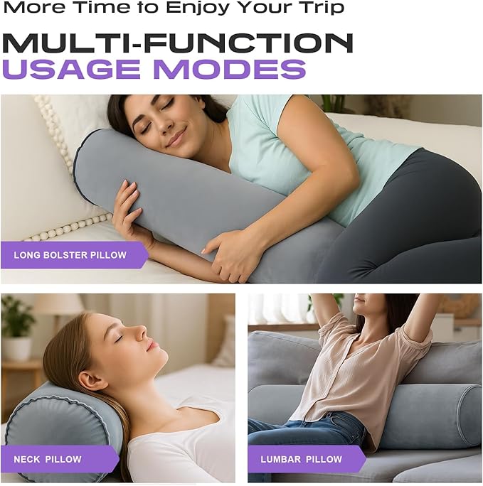 ETROL Inflatable Body Pillow for Adults, 47-inch Long Pillows for Bed, Bolster Pregnancy Pillows for Sleeping, Inflatable Travel Full Body Pillow, Hug Round Pillow for Side Sleeper, Soft Velvet, Grey