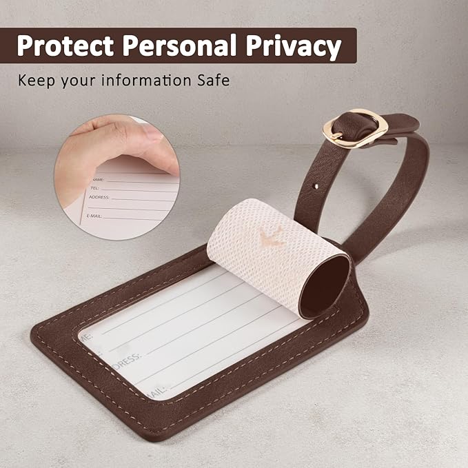 1 Pack Luggage Tag, PU Leather Suitcase Tags Identifiers Privacy Cover ID Label for Travel Bag Suitcase with 2 Pack Luggage Straps for Hats, Bags and Travel Accessories(L-Dark Brwon)