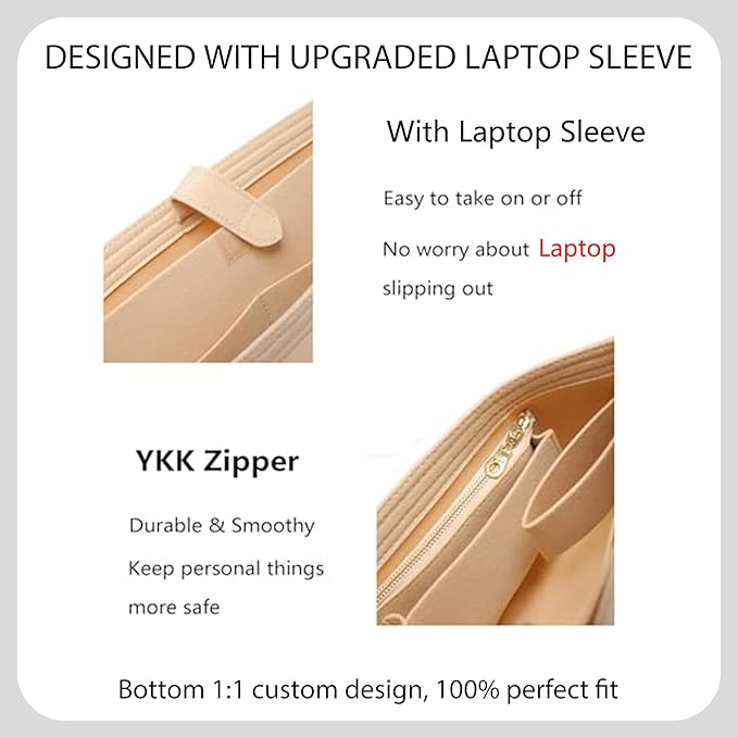 Purse Organizer Insert with Laptop Sleeve, Premium Felt Neverfull MM Organizer, Tote Bag Divider Liner with Zipper and Cup Holder Pockets,7 Compartments Handbag Shaper, Beige