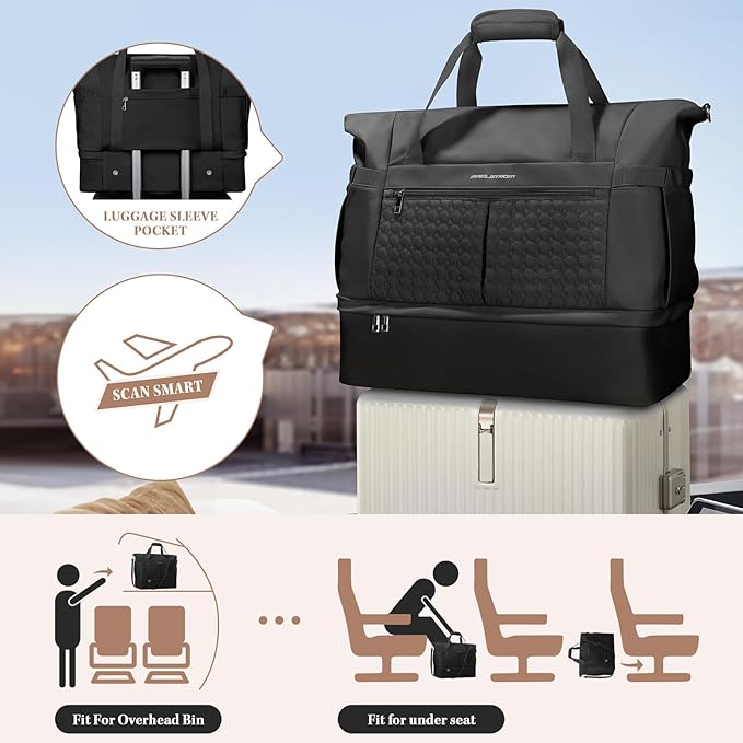 Maelstrom Gym Bag for Women,40L Travel Duffel Bag with Shoes Compartment and Wet Pocket,Waterproof Carry On Weekender Bag,Sport Gym Tote Bags Swimming Yoga, Hospital Holdalls（Black）