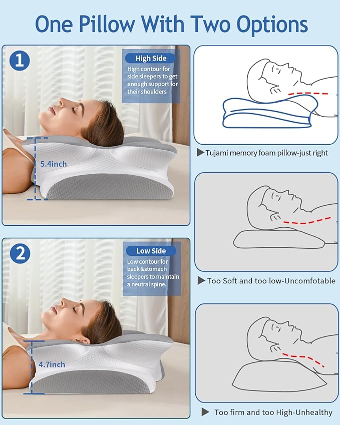 Cervical Neck Pillow for Pain Relief Sleeping, Cooling Ergonomic Contour Side Sleeper Pillow for Neck Support, Odorless Soft Memory Foam Orthopedic Bed Rest Pillow for Back Stomach Sleeper, Grey