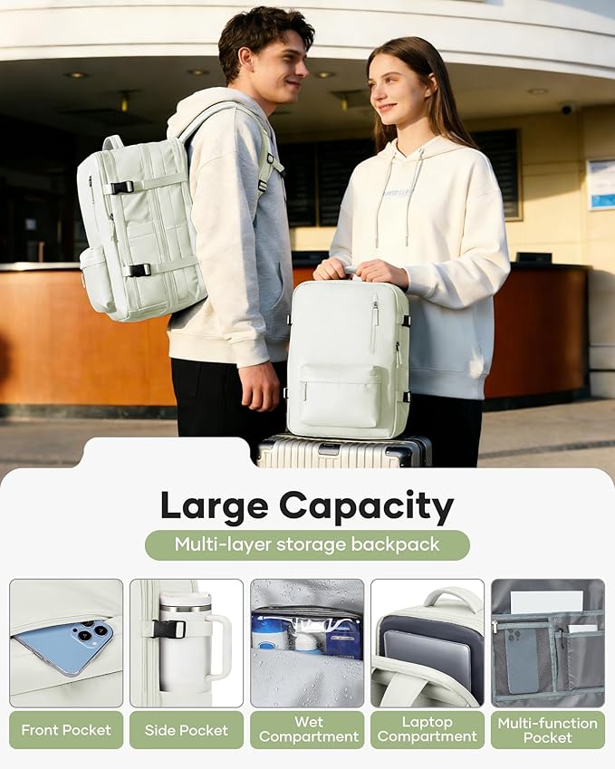 VECAVE Vacuum Backpack Travel with Pump, Expandable Personal Item Carry on Backpacks for Women Men, Laptop Waterproof Work Compression bags with USB Casual Daypack White