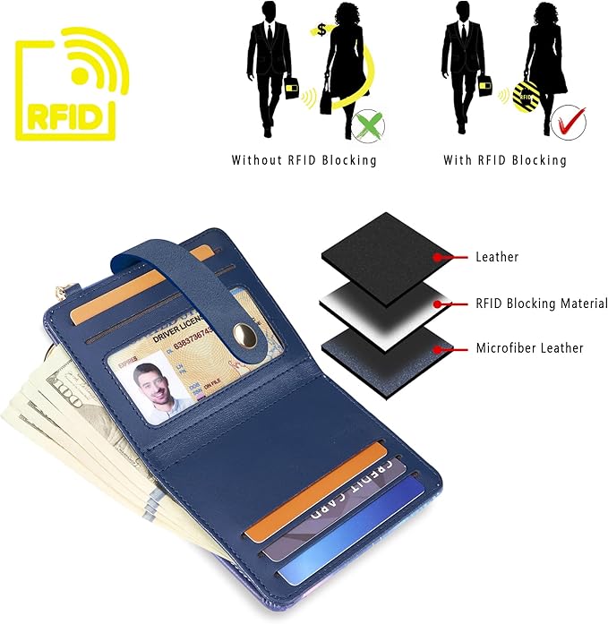 Airkit Small Wallets Woman RFID Blocking Leather Credit Card Holder - with ID Window - Card Wallets for Women - with Zipper Coin Purse - Keychain Wallet