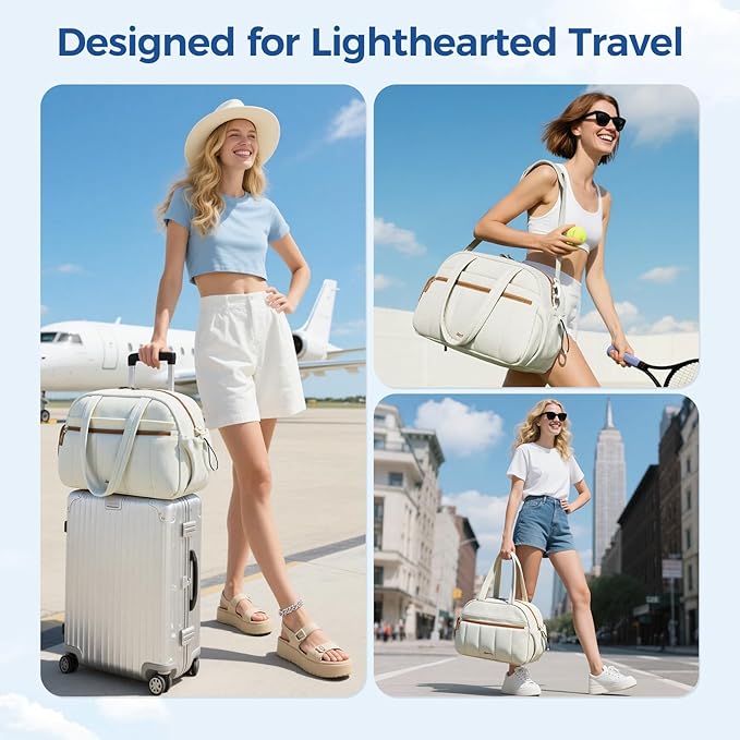 Gym Bag for Women, Puffer Travel Duffle Bag With Shoes Compartment & Wet Pocket, Carry On Tote Bag For Weekender, Overnight, Sport duffel bags for traveling (shallow cream-colored, Medium)