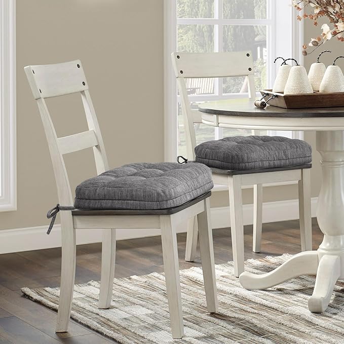 Shinnwa Kitchen Chair Cushions Set of 2, Dual-Layer Memory Foam Dining Chair Cushions, Patented Design Seat Pads with Ties, 16.5 x 16.5 x 3.5in, 2 Pack, Grey