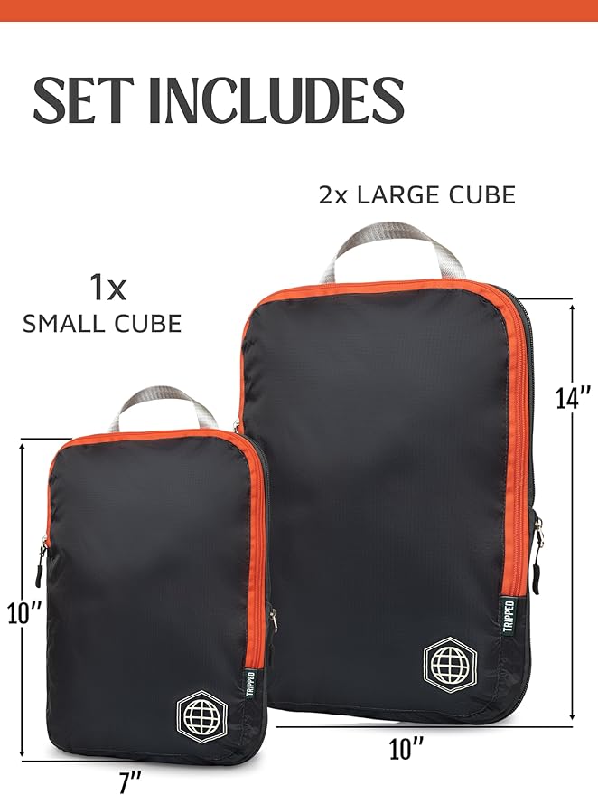 Compression Packing Cubes 3 Piece Set for Carryon Suitcases- Lightweight, Durable Clothes Organizer (Grey and Orange)