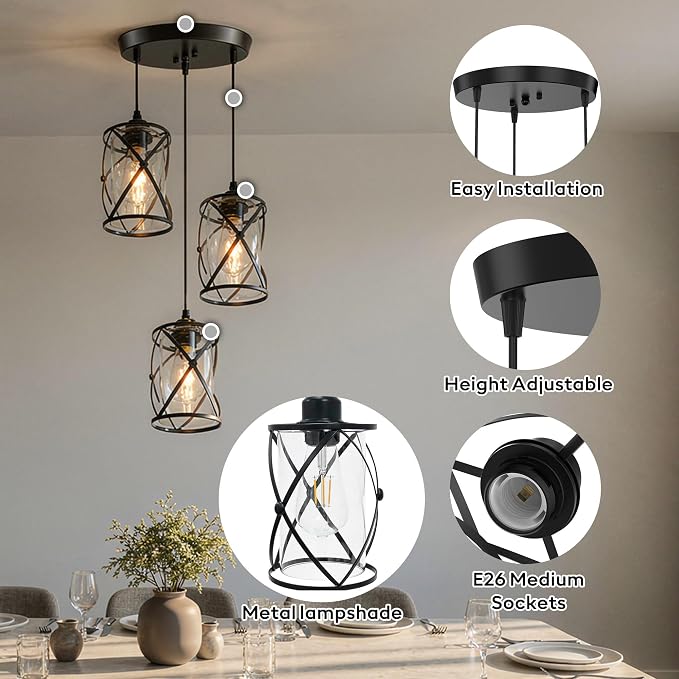 3 Light Pendant Lighting, Farmhouse Hanging Light Fixture for Kitchen Island & Dining Room, Industrial Vintage Ceiling Lamp with E26 Base, Adjustable Height, Matte Black with Glass Shades