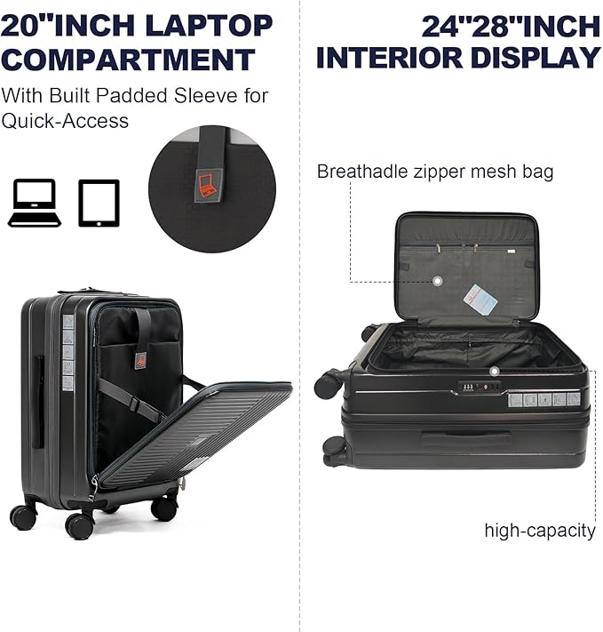 Merax Luggage Sets 3 Piece,Front Open PC Hardshell Expandable Carry on Suitcase with Spinner Wheels and TSA Lock,Lightweight 20in/24in/28in Luggage,Black-1