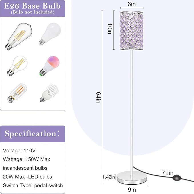 Floor Lamp for Bedroom, Silver Crystal Lamp with Lavender Shade&Foot Switch | Elegant Standing Lamp, Corner Pole Lamp for Girls Bedroom Living Room Office, E26 Base