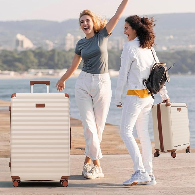 Merax Luggage Sets Front Opening, 3 Piece Hardshell Suitcase with Spinner Wheels and Bags,Lightweight Carry on Luggage with USB Port and Cup Holder,20+24+28,White and Brown