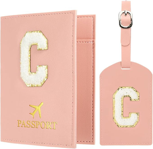 PATIKIL Passport Holder for Travel, Initial Passport Cover and Luggage Tag Set with Alphabet Chenille Letter Patch Travel Wallet Bag Suitcase Identifier for Women Family Travel Pink C