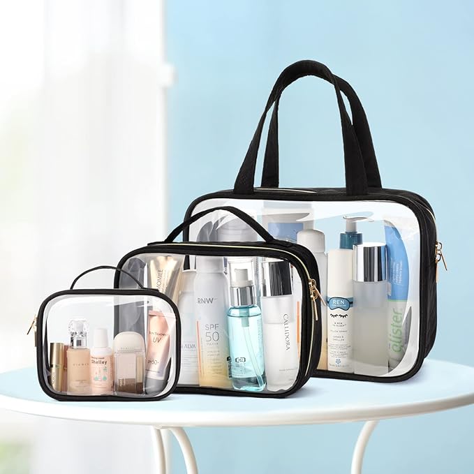 PACKISM Clear Makeup Bag Combo Pack, 1 TSA Approved Medium & Large/XL for Checked Luggage, Clear Toiletry Bag with Handle, Water-resistant Travel Essentials Organizer, Black