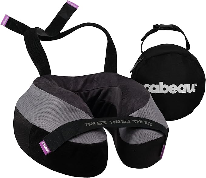Cabeau Travel Neck Pillow for Airplanes - The Neck's Evolution TNE S3 - Supportive Memory Foam Design for Long Haul Flights with Attachable Seat Straps and 360 Support in Berlin Grey