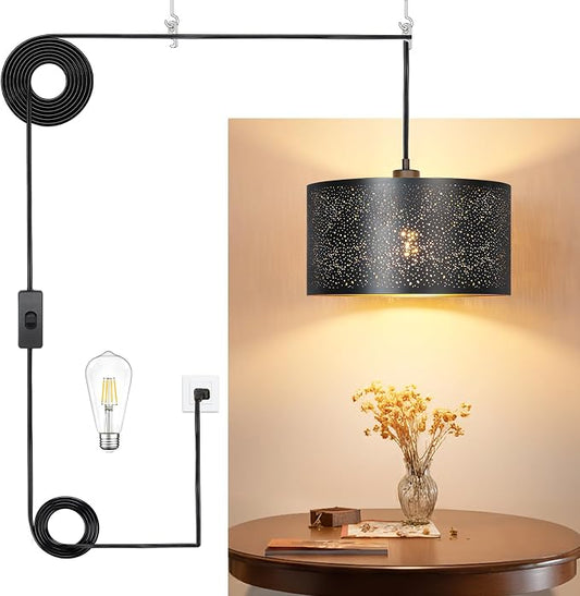 Qingmiao Boho Plug in Pendant Light, Black Shade, 3 Way Bulb, 14ft Cord | Hanging Lamp Plug in, 3-Way Dimmable Hanging Light Fixture for Living Room Bedroom Kitchen Ceiling Home Decor