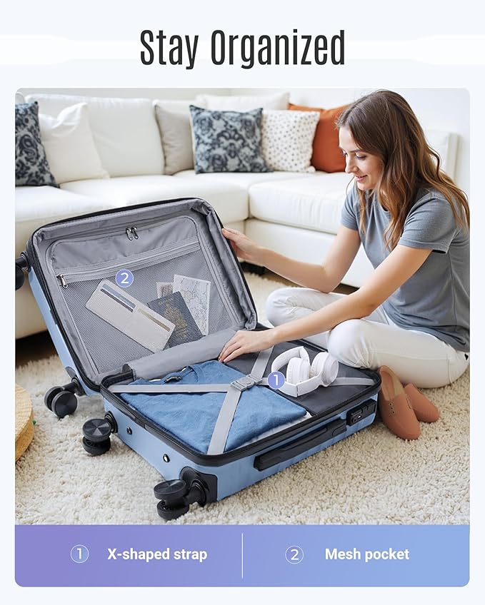 LIGHT FLIGHT Luggage Sets, 3 Piece Durable Suitcase Set with Spinner Wheels, 3 Pcs Hard Shell Lightweight Luggage with TSA Lock, Large Checked Travel Suitcases, 20/24/28 Inch,Light Blue