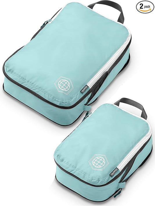 Compression Packing Cubes 2 Piece Set for Carryon Suitcases- Lightweight, Durable Clothes Organizer (Dusty Teal and White)