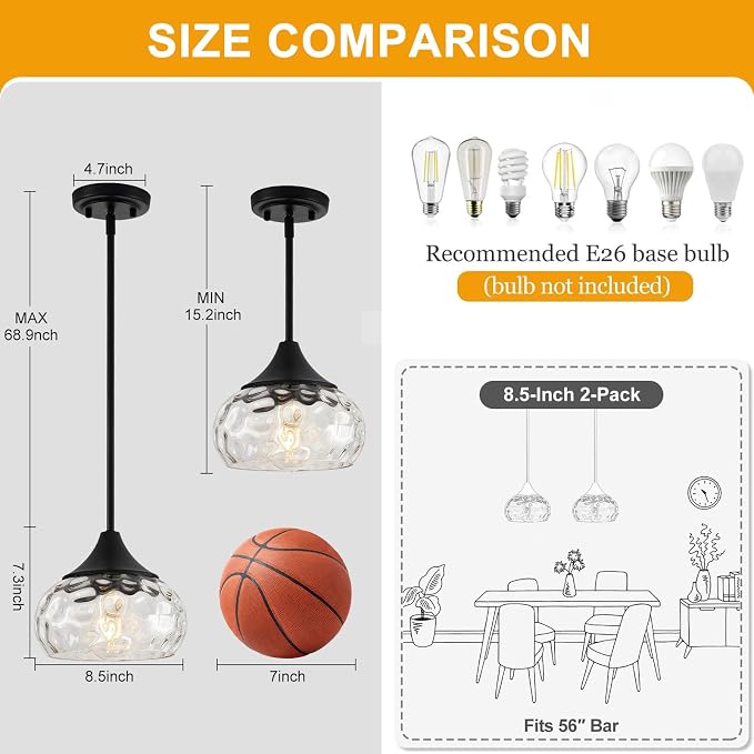 Modern Pendant Lights Kitchen Island, Matte Black Pendant Light Fixtures with 8.5" Clear Hammered Glass Shade, Industrial Hanging Pendant Lights Fixture for Kitchen Island Dining Room Entryway 1 Pack