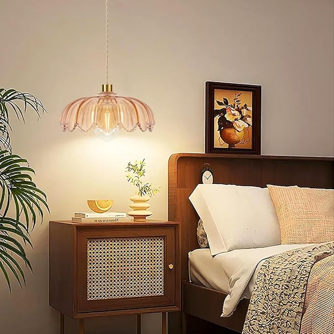 QIYIZM Plug in Pendant Light Hanging Lights with in Cord Mid Century Modern Gold Hanging Lamp Flower Glass Amber Vintage Dimmable Chandelier Ceiling Fixture for Living Room,Kitchen,Boho