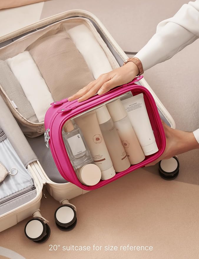 Clear Cosmetic Bag Double Layer Travel Toiletry Bag Clear Makeup Bag Case with 4 Compartments, Transparent Travel Bag for Toiletries, Large Toiletry Bag for Women Cosmetic Case (Hot Pink, Large)