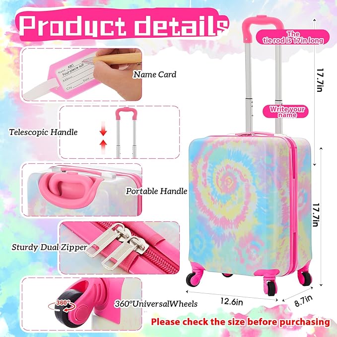 Redbaker 17 Inch 6 Pcs Kids Luggage Set Kids Rolling Luggage Double Pattern Suitcase for Boys Girls (Pink and Purple, Tie-dye Style)