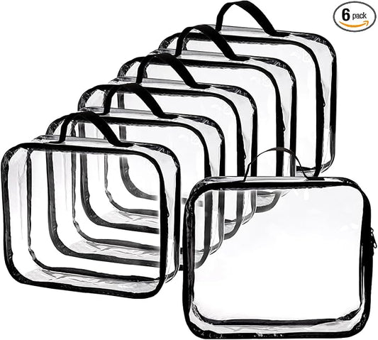 Fasmov 6 Pack Large Clear Travel Packing Cube, See-Through PVC Organizer, Vinyl Zippered Storage Bags Multipurpose Pouch with Handle for Suitcase Pants, Cashmere, Sweaters Shirts Dress Storage