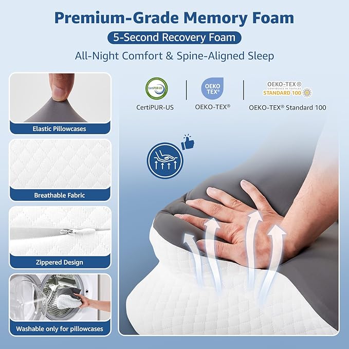 Cervical Pillow for Neck Support: Contour Memory Foam Pillow for Side Back Stomach Sleepers - Ergonomic Neck Pillow with 2 Heights & Widened Armrest Design