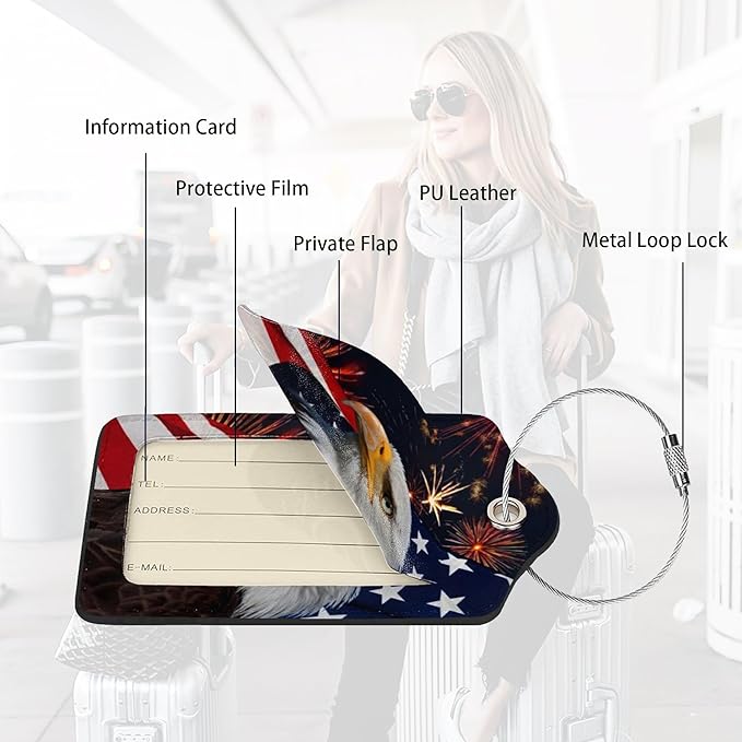 2 Pack Luggage Tags Travel American Flag Eagle PU Cute Leather Luggage Tag Name ID Labels with Privacy Cover Suitcases Women Men Girls Boys Fun Laggage Tags (American Eagle Flag)