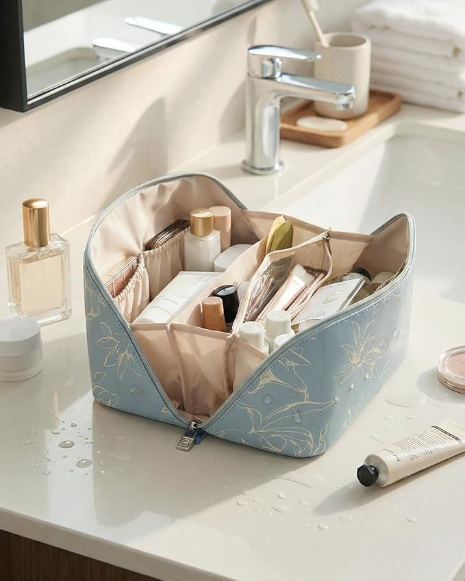 EACHY Travel Makeup Bag,Large Capacity Cosmetic Bags for Women,Waterproof Portable Pouch Open Flat Toiletry Bag Pattern Makeup Bag (F-Blue-Large)