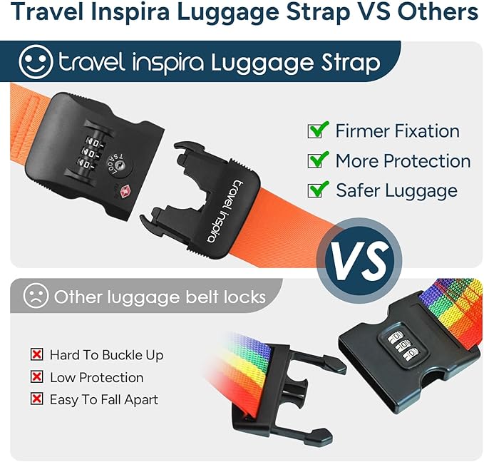 Travel Inspira Luggage Straps with TSA Lock, TSA Approved Suitcase Belt, Heavy Duty Adjustable Cross Design for Added Security, High-Visibility Orange Travel Accessory with ID Tag for 20-32" Bag