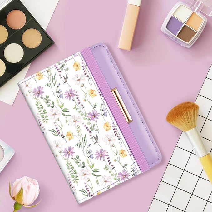 Passport Holder Cover, RFID Travel Wallet Credit Card Holder Green Cute Floral Passport Book Holders for Women with Elastic Band and Golden Metal Decoration, White Daisy
