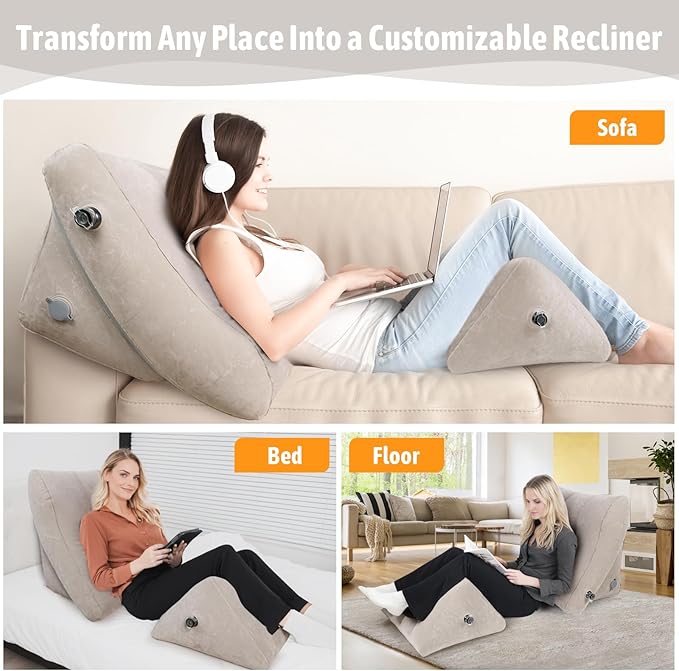 Inflatable Bed Wedge Pillow Set for Sleeping, 2PCS Inflatable Wedge Pillow for Traveling, Adjustable Back Pillow for Bed Sitting up, Reading, After Surgery, Knee & Back Pain, Acid Reflux, GERD, Grey