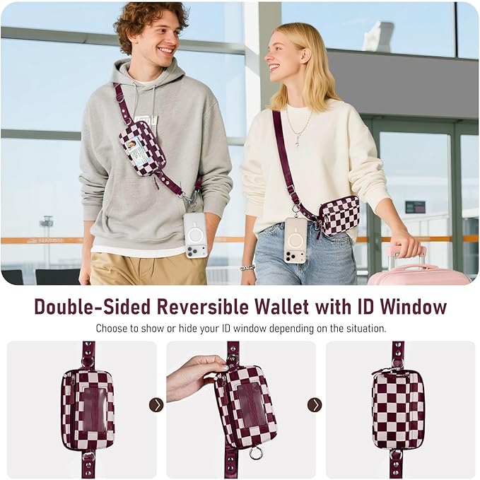 Tiostep Clip and Go Strap for Phone with Wallet Crossbody Phone Lanyard and Detachable Checkered Bag with ID Window and RFID Pouch for Daily Travel.