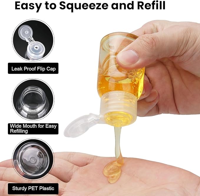 Travel Bottles for Toiletries 6 Pack 2.2oz/65ml Leak Proof Travel Size Toiletries Wide Mouth Containers TSA Approved Squeeze Bottles with Flip Cap for Shampoo Conditioner Body Wash(Clear)