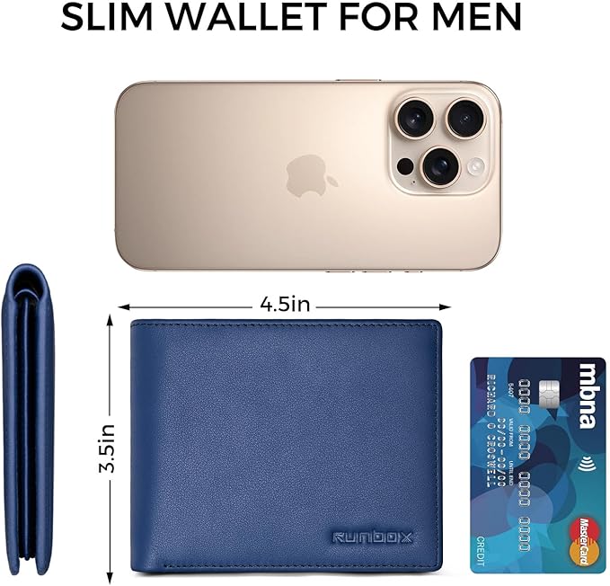 RUNBOX Leather Wallet for Men, Genuine Leather Mens Wallet Bifold Rfid Blocking with 12 Cards and 2 ID Windows, Minimalist Wallet for Men with Gift Box