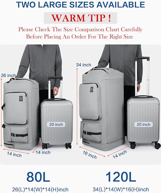 80L Large Duffle Bag for Travel, Urtala 26” Travel Duffle Bag for Men and Women, Foldable Traveling Duffel Bags with Shoes Compartment, Waterproof and Tear Resistant (Gray)