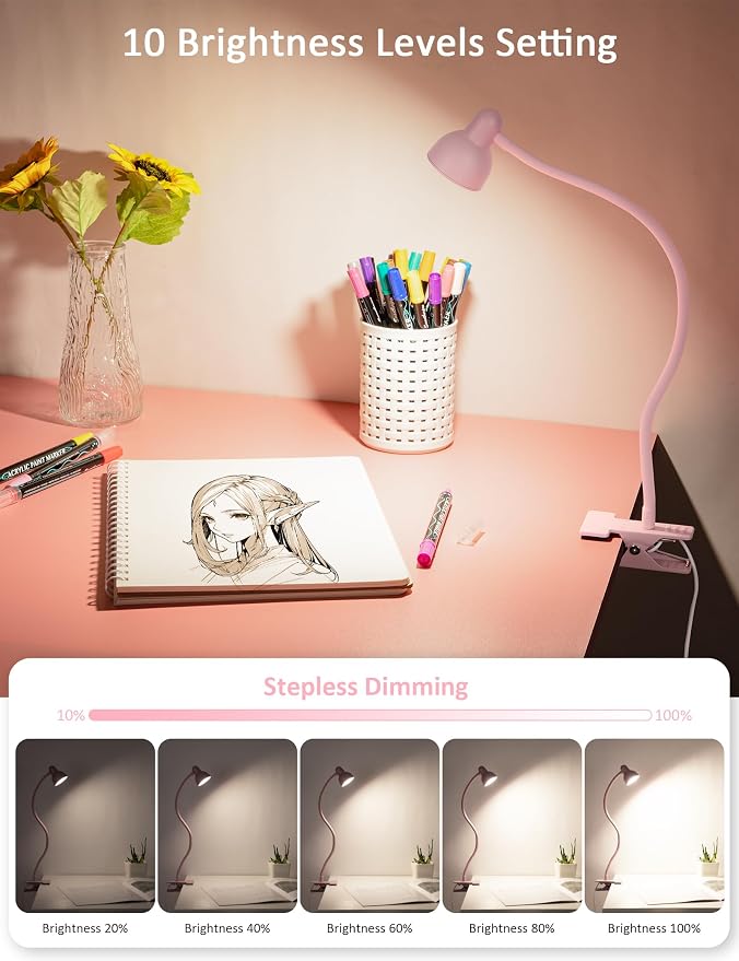 LiFMIRA Pink Small Desk Lamp Clip on LED Reading Light for Bed | 3 Color Modes 10 Dimmable Brightness, Book in Bed Headboard, Flexible Reading Lamp with Clamp BL08